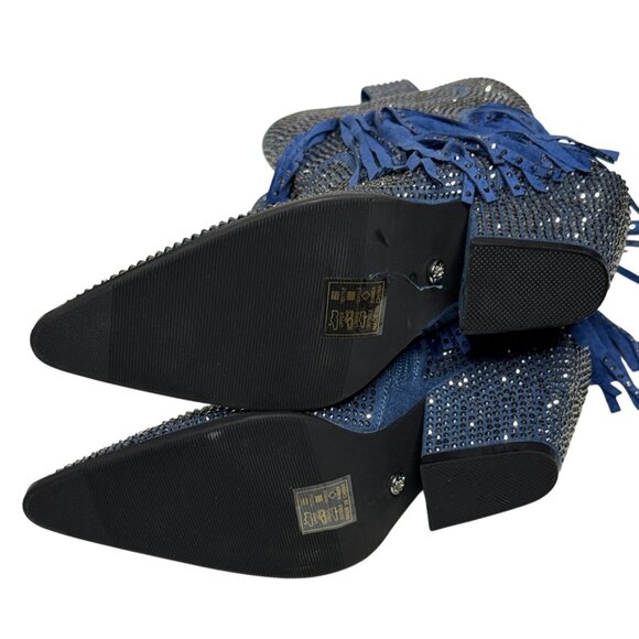 NWT Azalea Wang Rhinestone Fringe Denim Western Boots Blue Cowgirl Glam - Picture 8 of 11